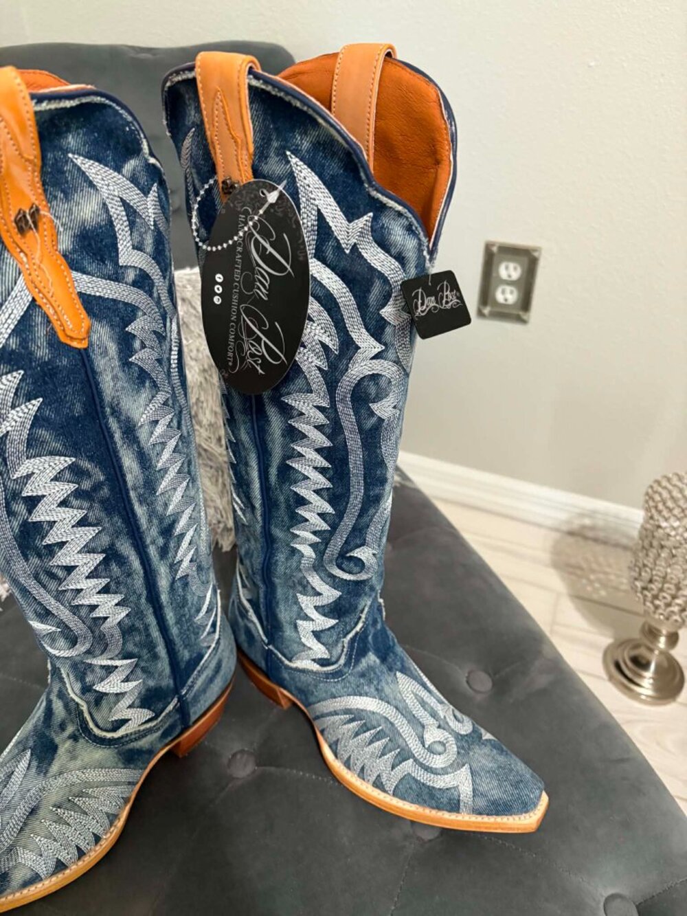 New Size 8 Dan Post Womens Denim Darlin' Stacked Heel Cowboy Boots Retails $289 - Picture 4 of 8